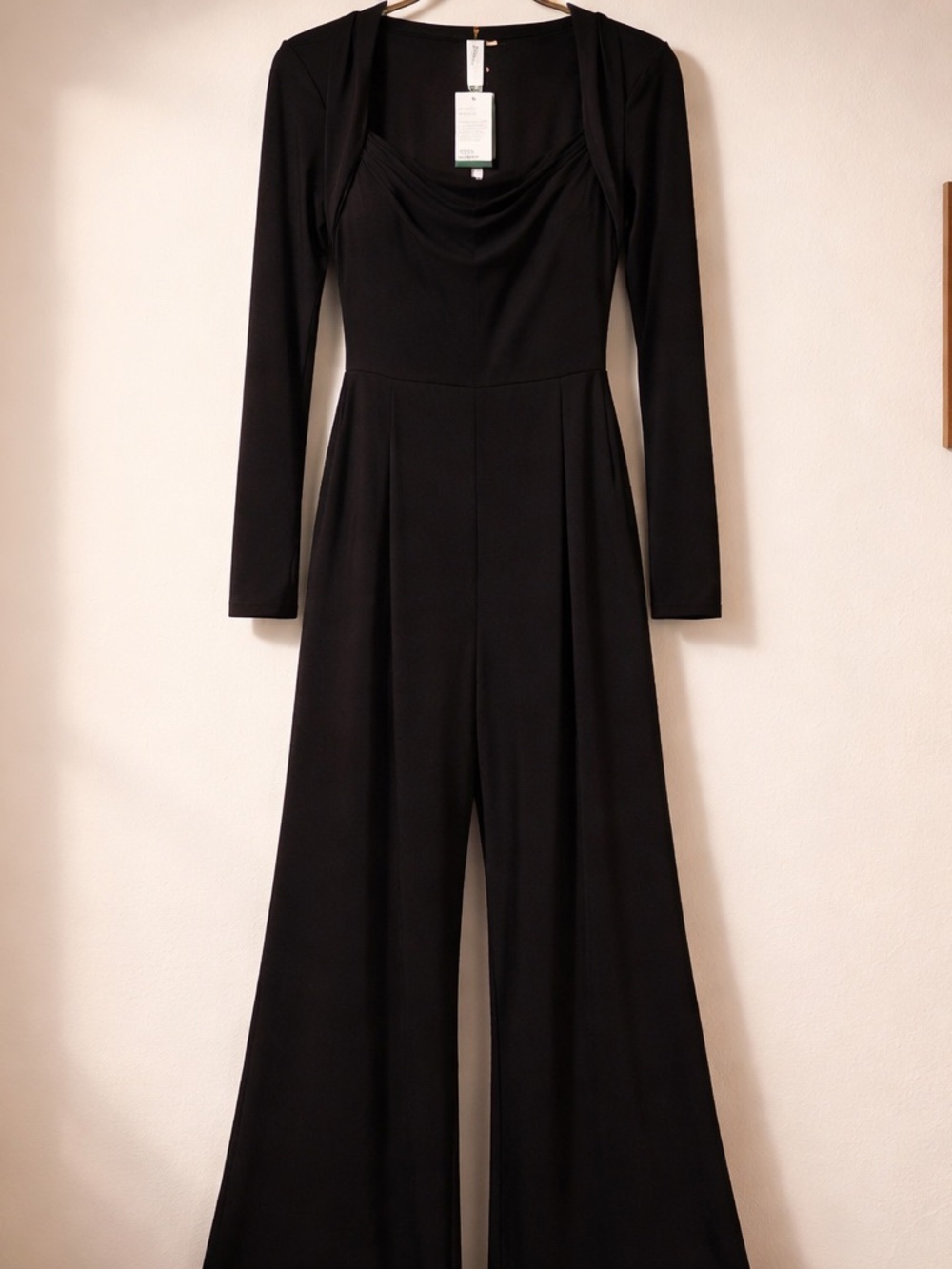 HALARA Black Long-Sleeve Wide-Leg Jumpsuit with Draped Neckline - Picture 4 of 9